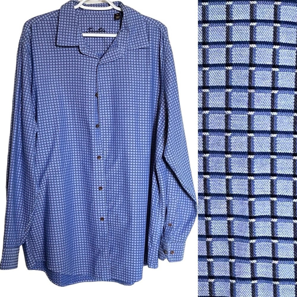 Tasso Elba Blue Micro Grid Print Cotton Button Front Long Sleeve Shirt Size XXL